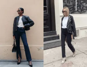 denim-jacket-black-tshirt-black-pants-beige-strap-heels