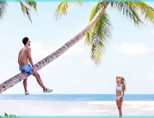 couple in the maldives with palm tree