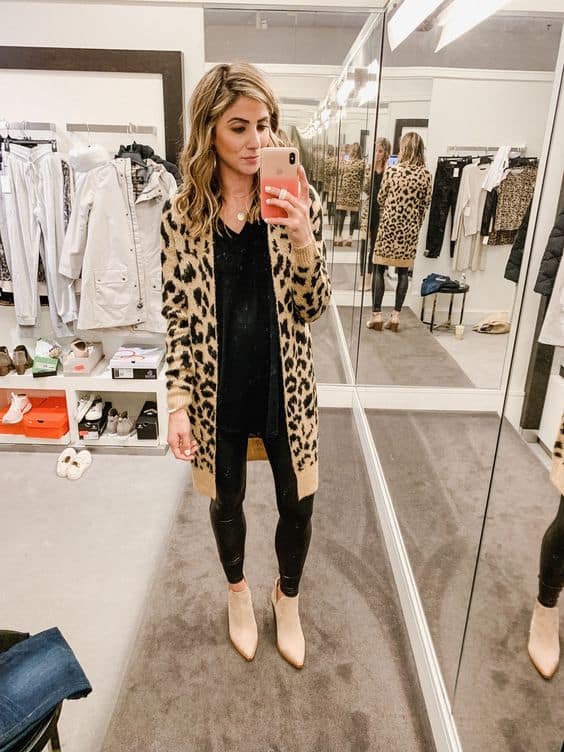 leather leggings with a cheetah cardigan