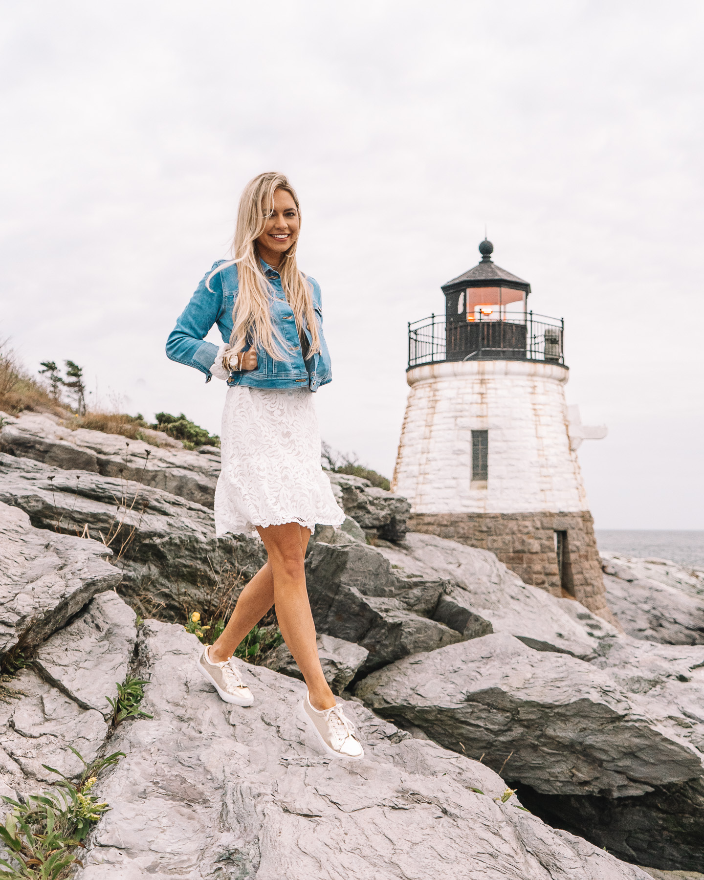 casual mini dress with jean jacket and white sneakers