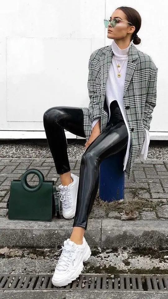 leather leggings with a blazer and white sneakers